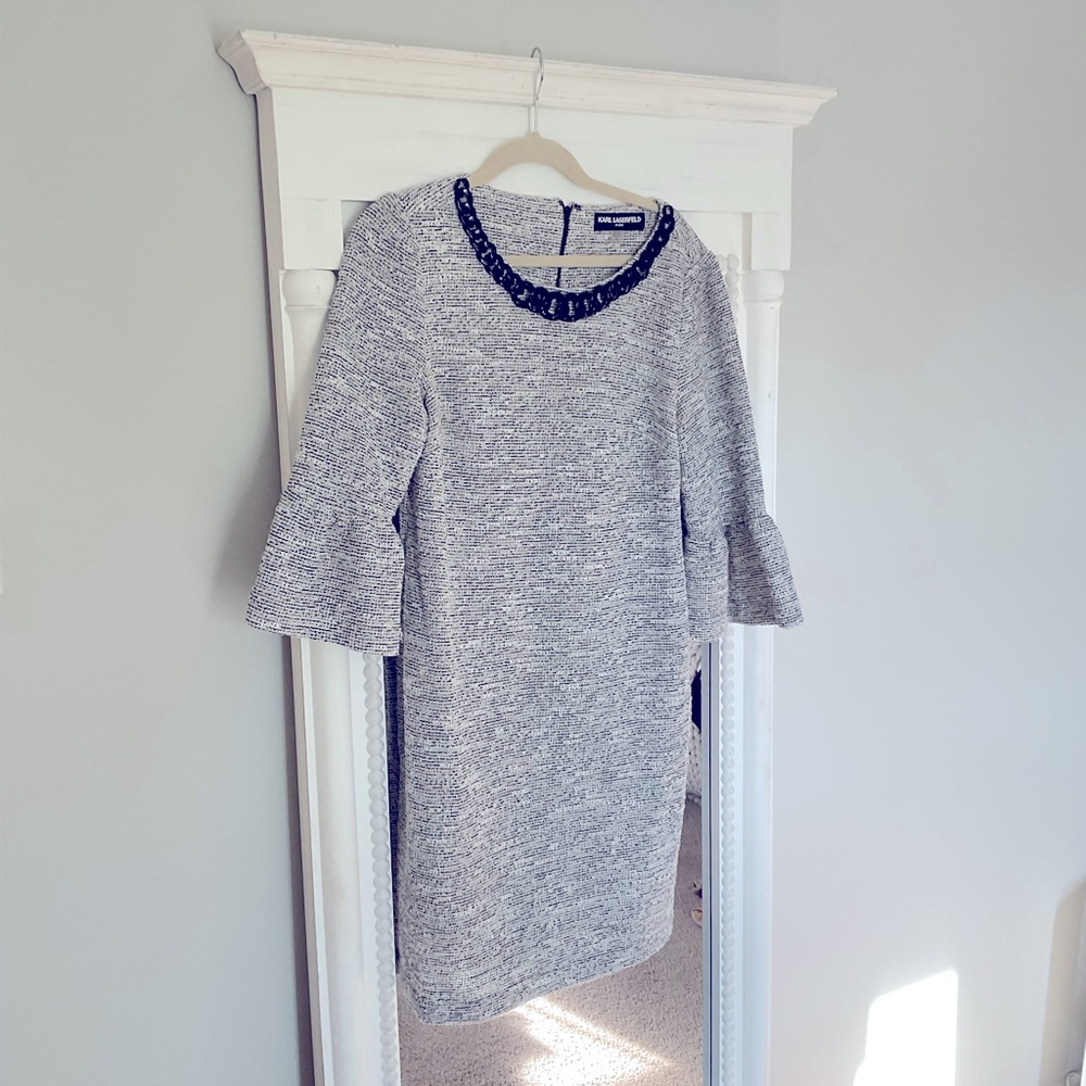 Karl Lagerfeld Flutter Sleeve Tweed Dress